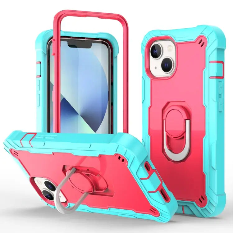 Two-color Ring Holder Phone Case For iPhone 14 For iPhone 14 Plus - For iPhone 14 / Mint Green + Rose Red - Apple