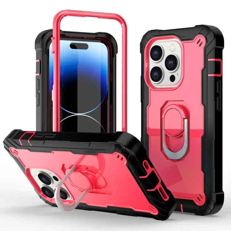 Two-color Ring Holder Phone Case For iPhone 14 Pro Max For iPhone 14 Pro - For iPhone 14 Pro / Black + Rose Red - Apple