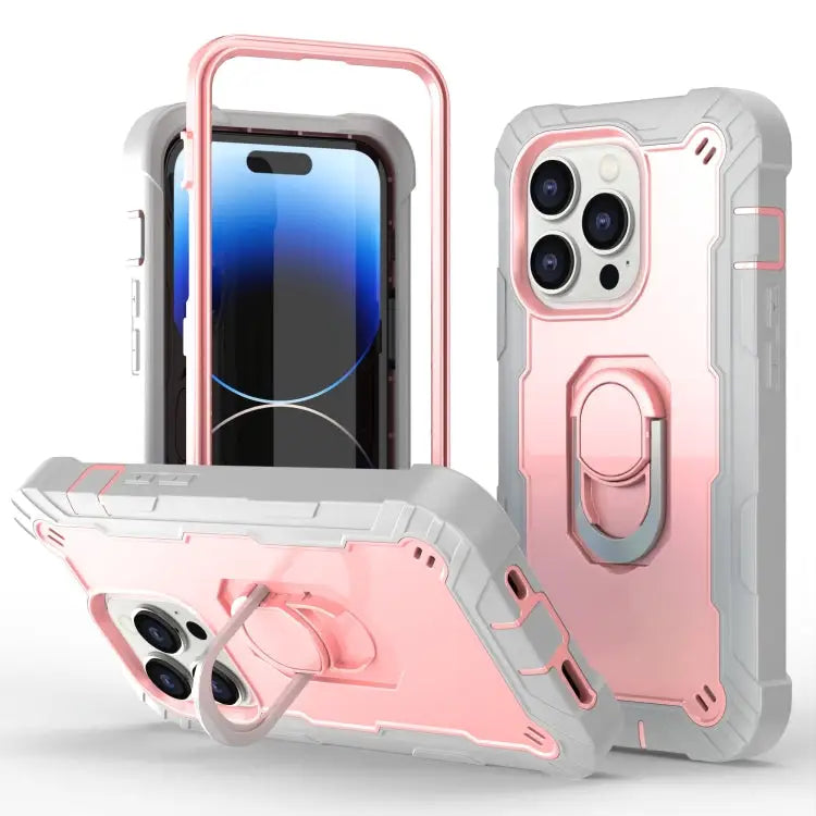 Two-color Ring Holder Phone Case For iPhone 14 Pro Max For iPhone 14 Pro - For iPhone 14 Pro / Grey White + Rose Gold