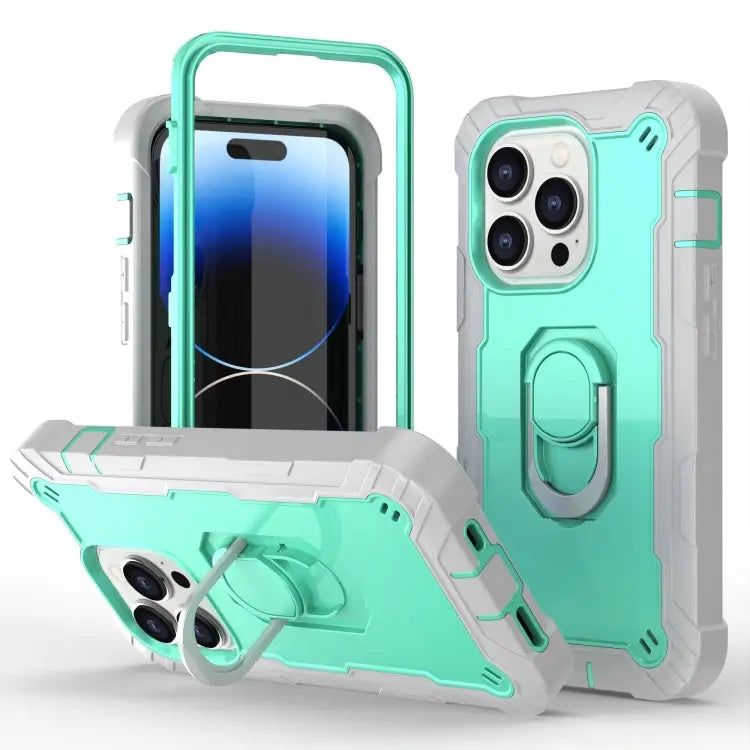 Two-color Ring Holder Phone Case For iPhone 14 Pro Max For iPhone 14 Pro - For iPhone 14 Pro / Grey White + Mint Green