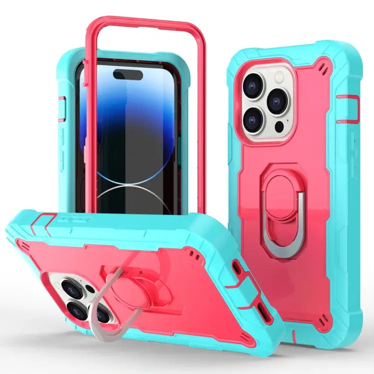 Two-color Ring Holder Phone Case For iPhone 14 Pro Max For iPhone 14 Pro - For iPhone 14 Pro / Mint Green + Rose Red