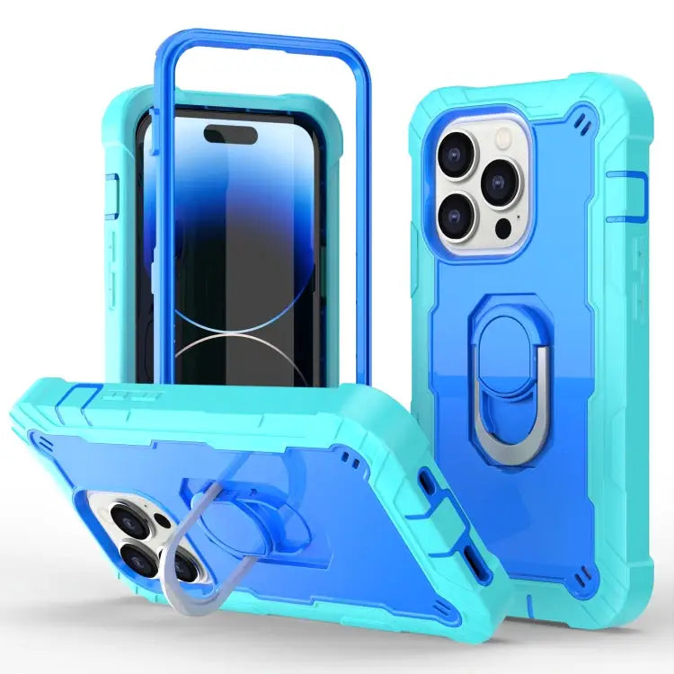 Two-color Ring Holder Phone Case For iPhone 14 Pro Max For iPhone 14 Pro - For iPhone 14 Pro / Mint Green + Blue