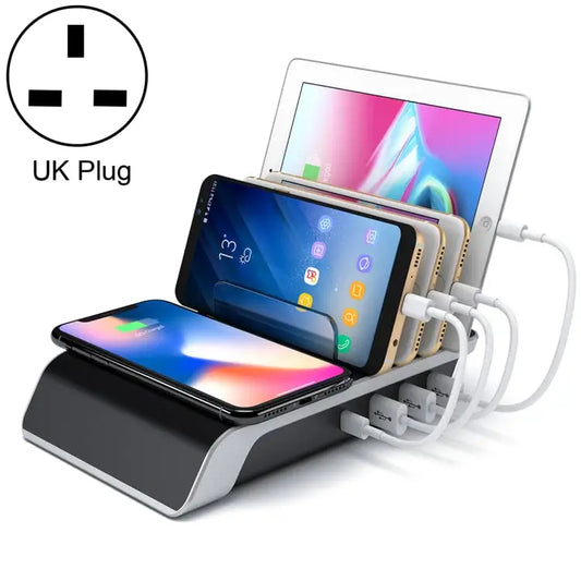 UD09 4 USB Ports Qi Standard Wireless Charger Phone Desktop Stand Holder UK Plug - UK Plug