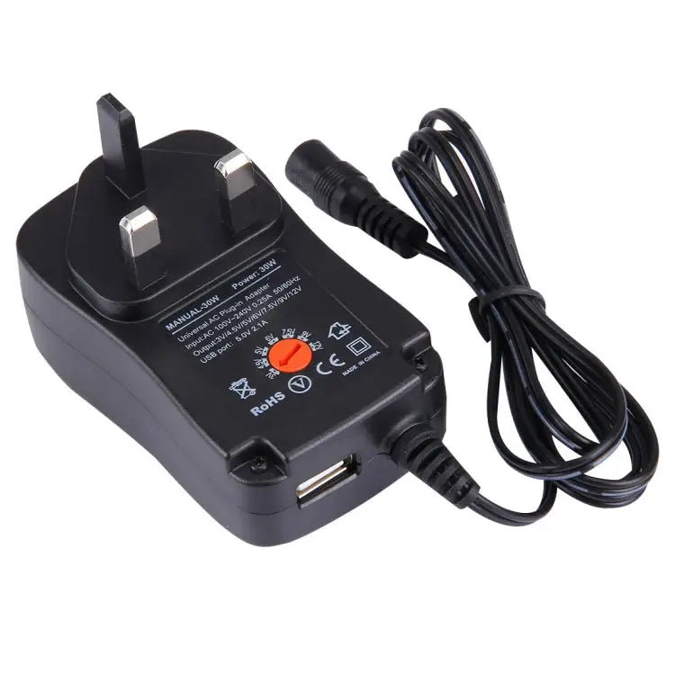 UK Plug Universal 30W Power Wall Plug-in Adapter with 5V 2.1A USB Port Tips: 8 PCS Cable Length: About 1.2m UK Plug