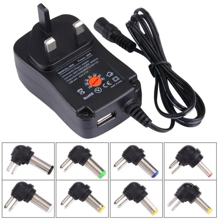 UK Plug Universal 30W Power Wall Plug-in Adapter with 5V 2.1A USB Port Tips: 8 PCS Cable Length: About 1.2m UK Plug