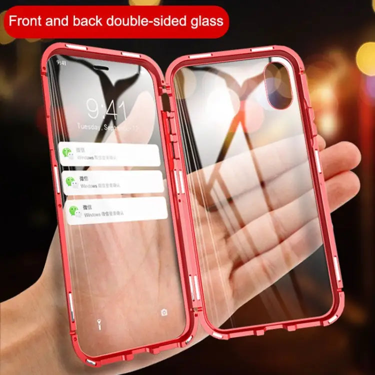 Ultra Slim Double Sides Magnetic Adsorption Angular Frame Tempered Glass Magnet Flip Case For iPhone X / XS For iPhone