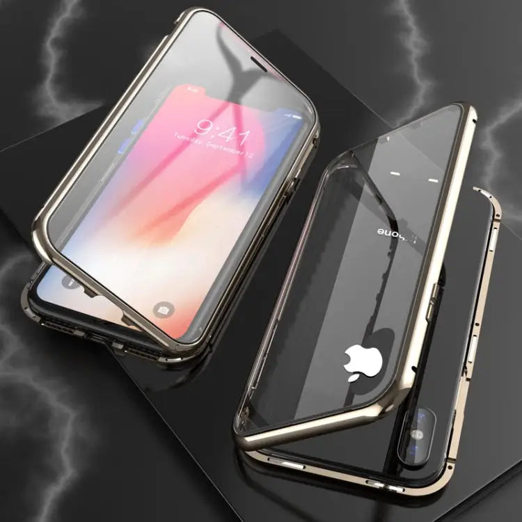 Ultra Slim Double Sides Magnetic Adsorption Angular Frame Tempered Glass Magnet Flip Case For iPhone X / XS For iPhone
