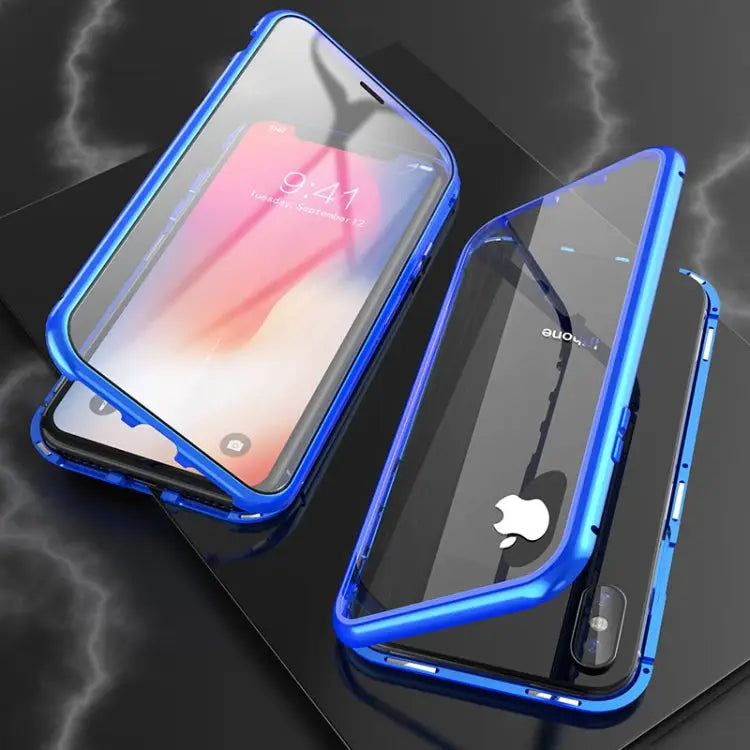 Ultra Slim Double Sides Magnetic Adsorption Angular Frame Tempered Glass Magnet Flip Case For iPhone X / XS For iPhone