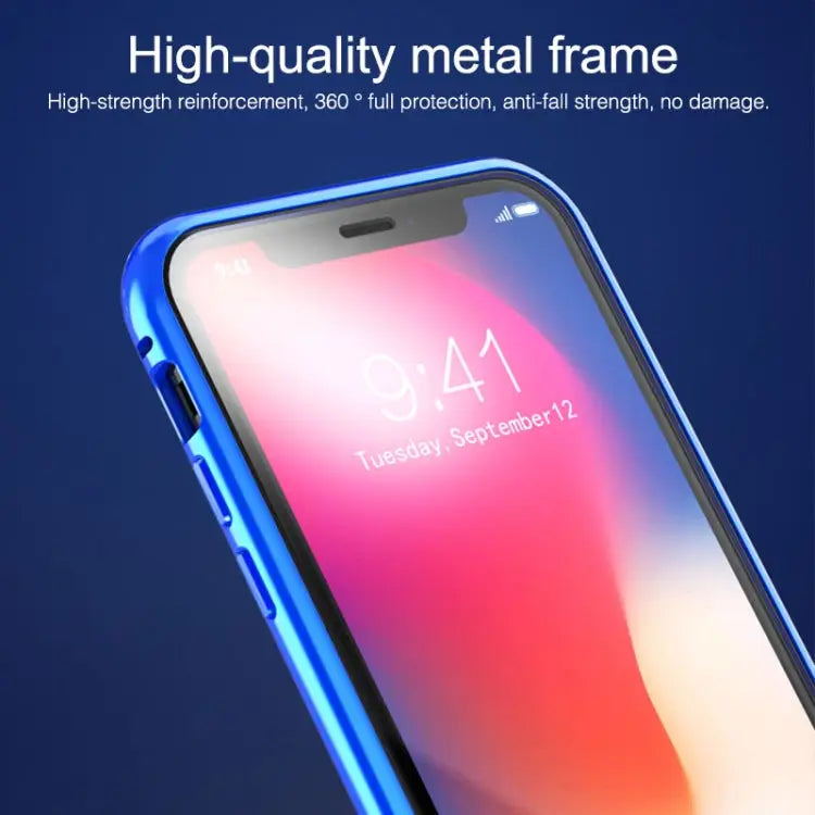 Ultra Slim Double Sides Magnetic Adsorption Angular Frame Tempered Glass Magnet Flip Case For iPhone X / XS For iPhone