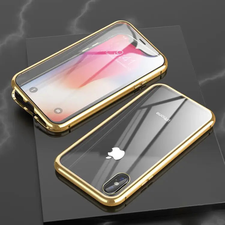 Ultra Slim Double Sides Magnetic Adsorption Angular Frame Tempered Glass Magnet Flip Case For iPhone X / XS For iPhone