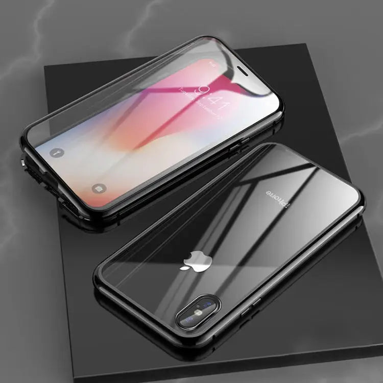 Ultra Slim Double Sides Magnetic Adsorption Angular Frame Tempered Glass Magnet Flip Case For iPhone X / XS For iPhone