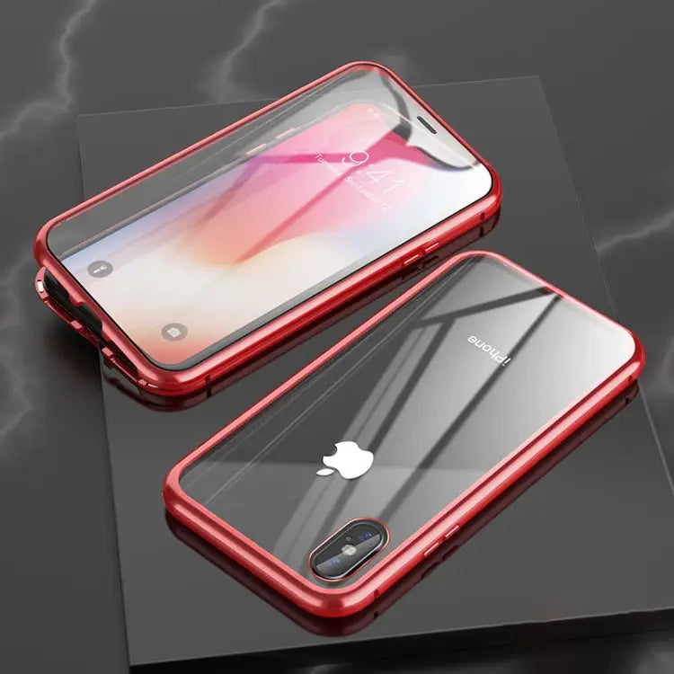 Ultra Slim Double Sides Magnetic Adsorption Angular Frame Tempered Glass Magnet Flip Case For iPhone X / XS For iPhone