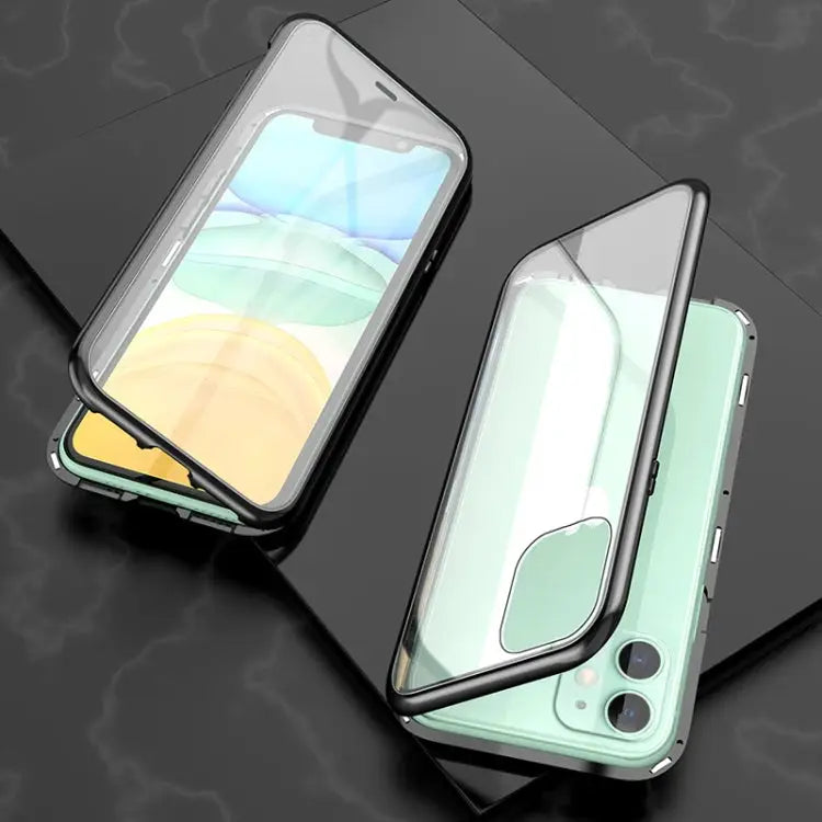 Ultra Slim Double Sides Magnetic Adsorption Angular Frame Tempered Glass Magnet Flip Case For iPhone 11 For iPhone 11