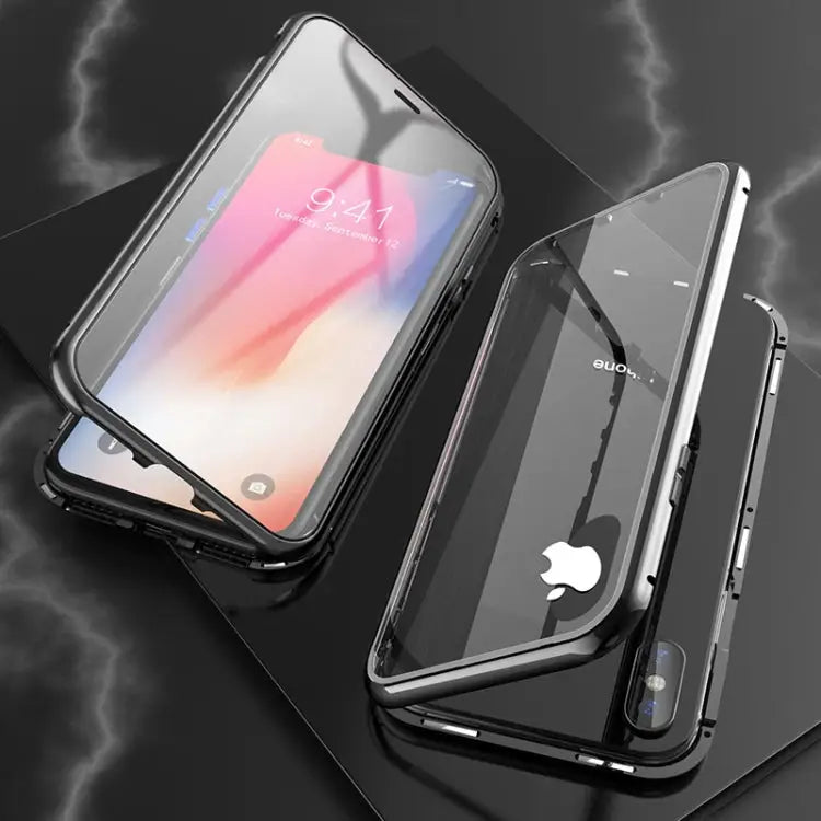 Ultra Slim Double Sides Magnetic Adsorption Angular Frame Tempered Glass Magnet Flip Case For iPhone X / XS For iPhone