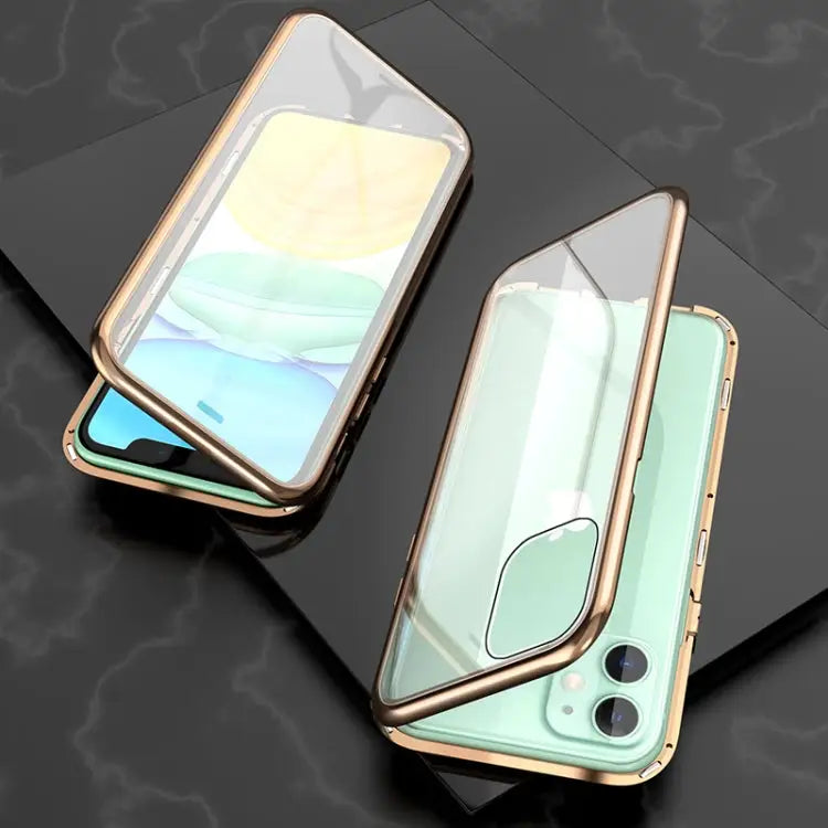 Ultra Slim Double Sides Magnetic Adsorption Angular Frame Tempered Glass Magnet Flip Case For iPhone 11 For iPhone 11