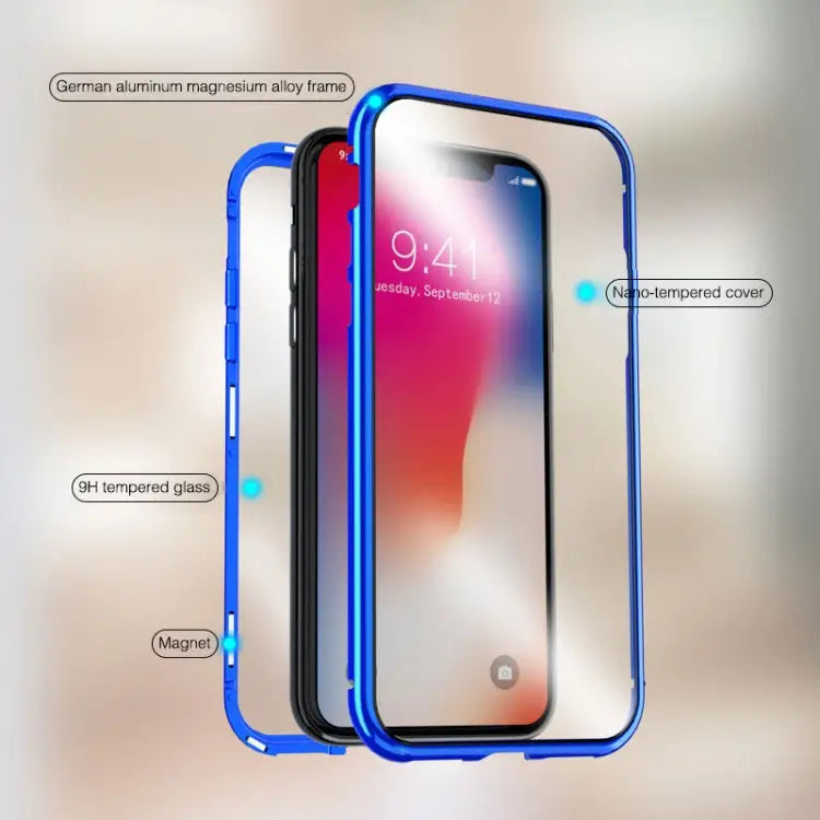 Ultra Slim Double Sides Magnetic Adsorption Angular Frame Tempered Glass Magnet Flip Case For iPhone X / XS For iPhone