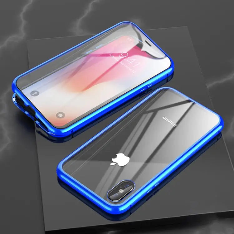 Ultra Slim Double Sides Magnetic Adsorption Angular Frame Tempered Glass Magnet Flip Case For iPhone X / XS For iPhone