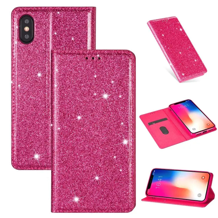 Ultrathin Glitter Magnetic Horizontal Flip Leather Case with Holder & Card Slots For iPhone XR - For iPhone XR / Rose