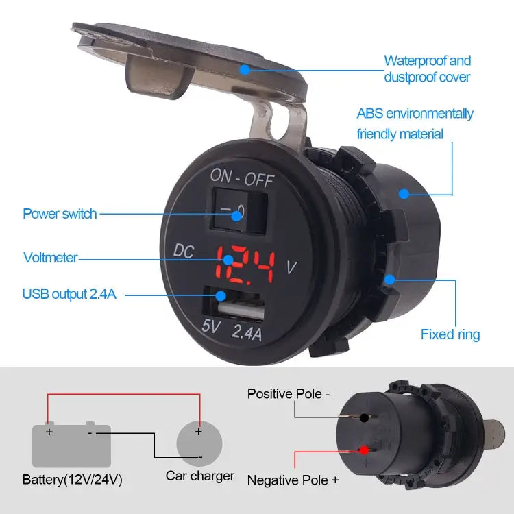 Universal Car Single Port USB Charger Power Outlet Adapter 2.4A 5V IP66 with LED Digital Voltmeter + Switch + 60cm