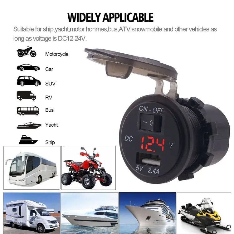 Universal Car Single Port USB Charger Power Outlet Adapter 2.4A 5V IP66 with LED Digital Voltmeter + Switch + 60cm
