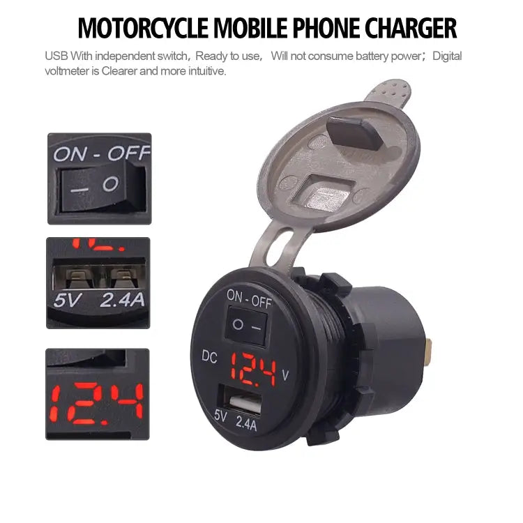 Universal Car Single Port USB Charger Power Outlet Adapter 2.4A 5V IP66 with LED Digital Voltmeter + Switch + 60cm