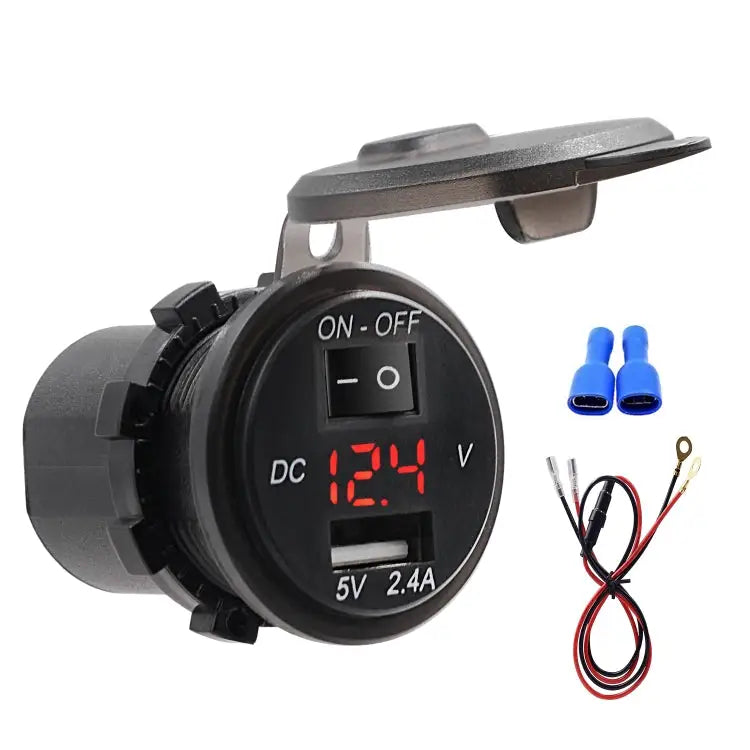 Universal Car Single Port USB Charger Power Outlet Adapter 2.4A 5V IP66 with LED Digital Voltmeter + Switch + 60cm