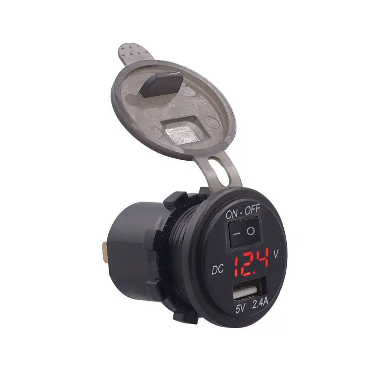 Universal Car Single Port USB Charger Power Outlet Adapter 2.4A 5V IP66 with LED Digital Voltmeter + Switch + 60cm
