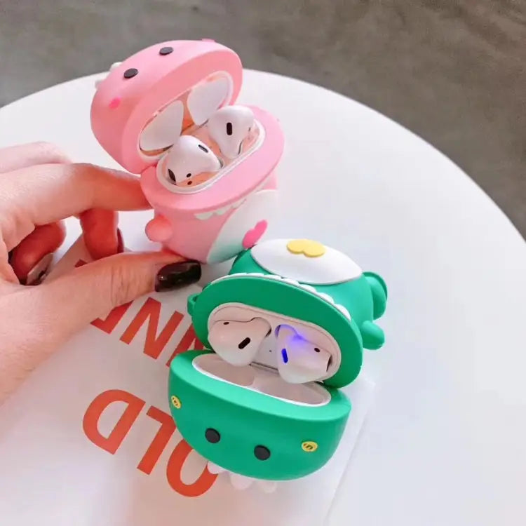 Universal Wireless Couple Green Pink Dinosaur Bluetooth Headphone Holder for Apple AirPods 1 / 2 - Green - Apple