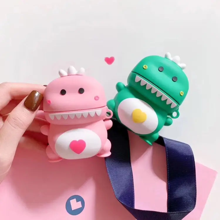 Universal Wireless Couple Green Pink Dinosaur Bluetooth Headphone Holder for Apple AirPods 1 / 2 - Green - Apple