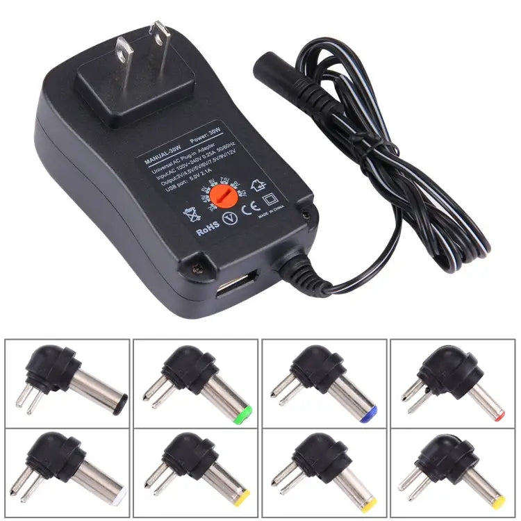 US Plug Universal 30W Power Wall Plug-in Adapter with 5V 2.1A USB Port Tips: 6 PCS Cable Length: About 1.2m US Plug