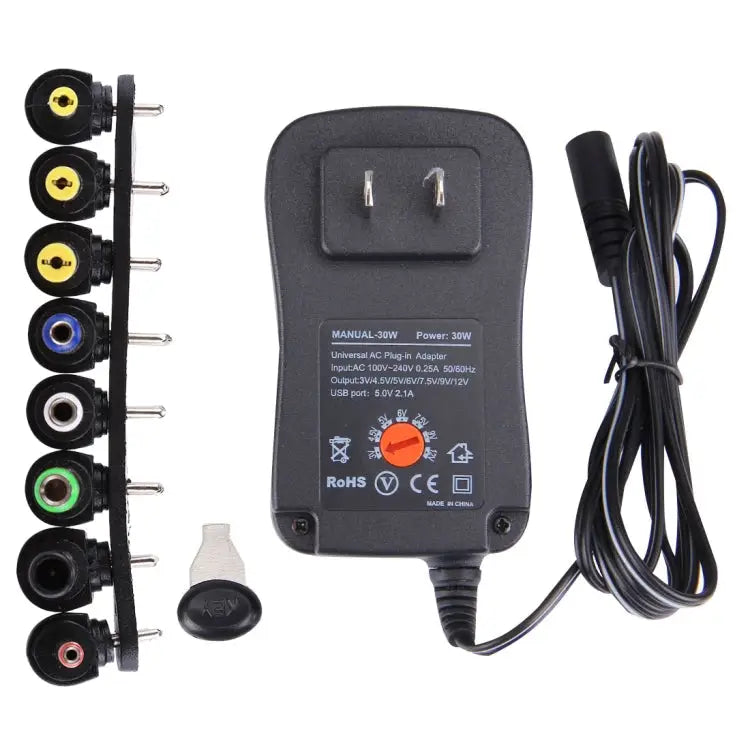 US Plug Universal 30W Power Wall Plug-in Adapter with 5V 2.1A USB Port Tips: 6 PCS Cable Length: About 1.2m US Plug