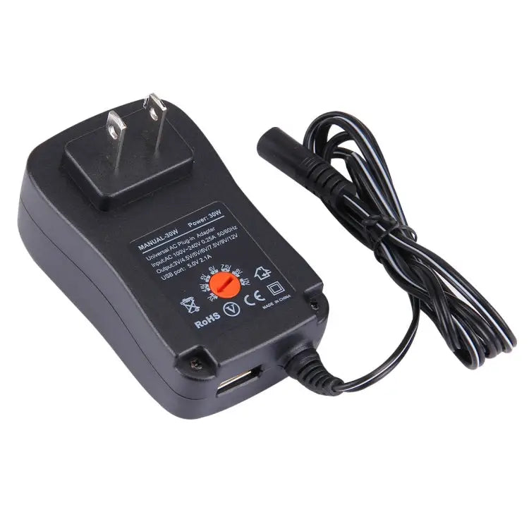 US Plug Universal 30W Power Wall Plug-in Adapter with 5V 2.1A USB Port Tips: 6 PCS Cable Length: About 1.2m US Plug