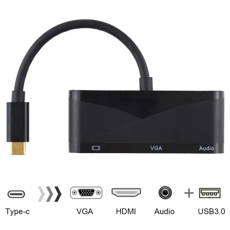 USB 2.0 + Audio Port + VGA + HDMI to USB-C / Type-C HUB Adapter Black White - Black / Black