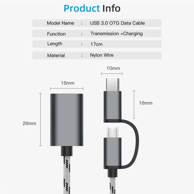 USB 3.0 Female to Micro USB + USB-C / Type-C Male Charging + Transmission OTG Nylon Braided Adapter Cable Cable Length: