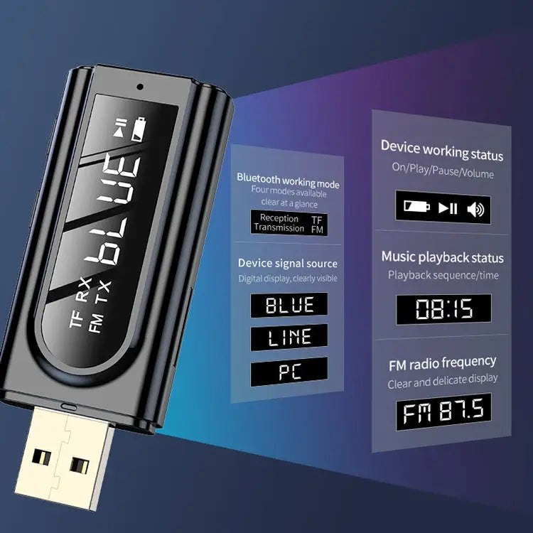 USB Car Bluetooth 5.0 Adapter Receiver FM + AUX Audio Dual Output Stereo Transmitter - K9 Black