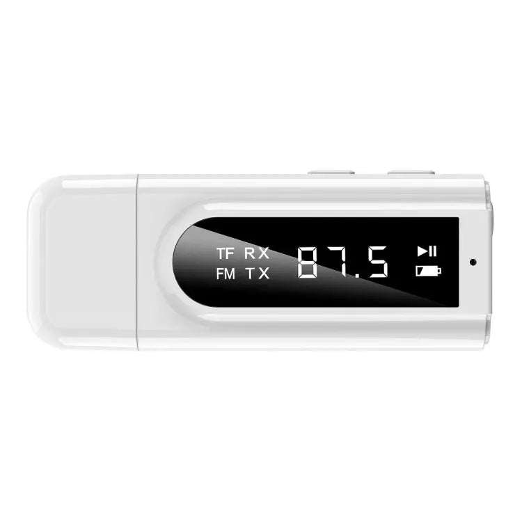 USB Car Bluetooth 5.0 Adapter Receiver FM + AUX Audio Dual Output Stereo Transmitter - K9 White