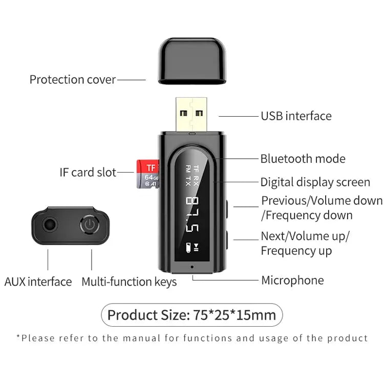 USB Car Bluetooth 5.0 Adapter Receiver FM + AUX Audio Dual Output Stereo Transmitter - K9 Black