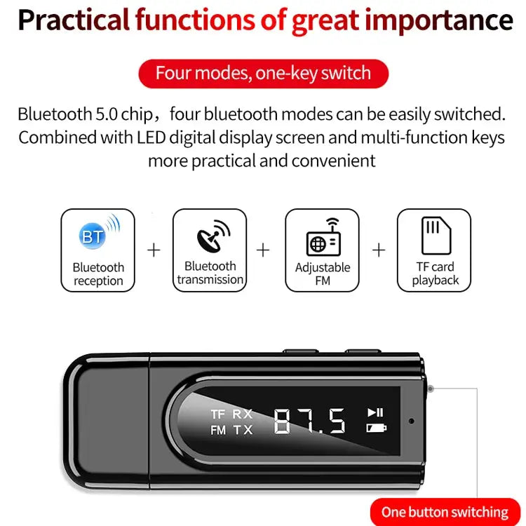 USB Car Bluetooth 5.0 Adapter Receiver FM + AUX Audio Dual Output Stereo Transmitter - K9 Black