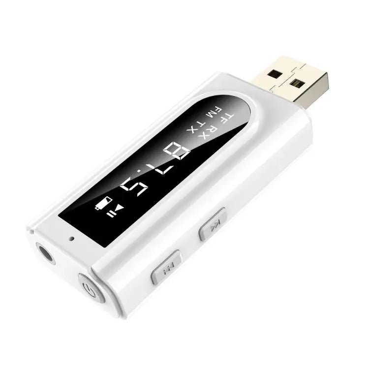 USB Car Bluetooth 5.0 Adapter Receiver FM + AUX Audio Dual Output Stereo Transmitter - K9 White