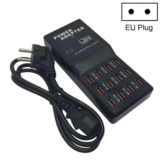 W-858 12A 12 Ports USB Fast Charging Dock Desktop Smart Charger AC100-240V EU Plug - EU Plug