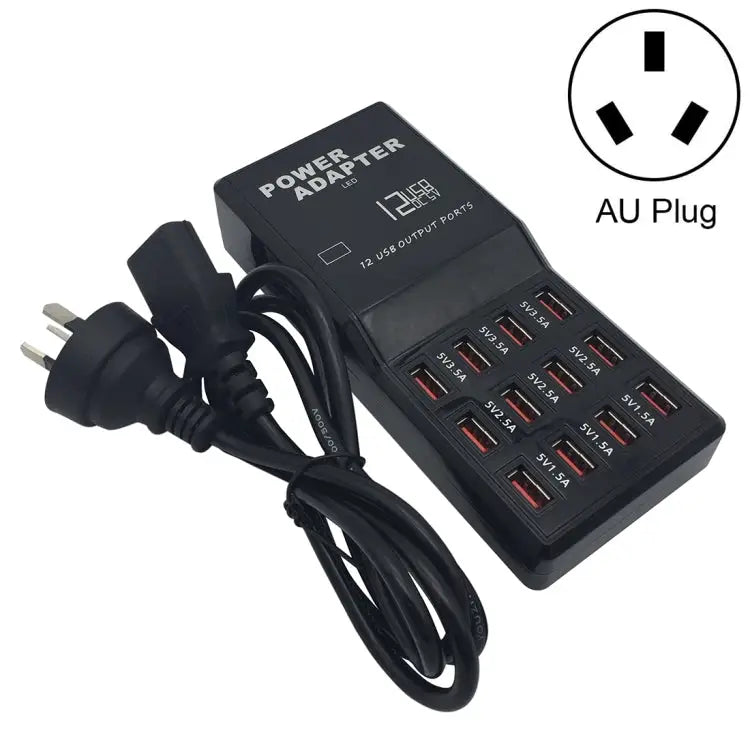 W-858 12A 12 Ports USB Fast Charging Dock Desktop Smart Charger AC100-240V AU Plug - AU Plug