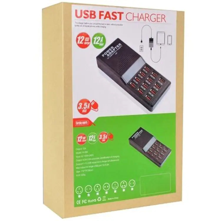 W-858 12A 12 Ports USB Fast Charging Dock Desktop Smart Charger AC100-240V US Plug - US Plug