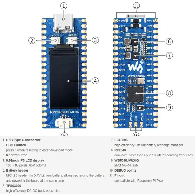 Waveshare RP2040-LCD-0.96 Pico-like MCU Board Based on Raspberry Pi MCU RP2040 with Pinheader RP2040-LCD-0.96