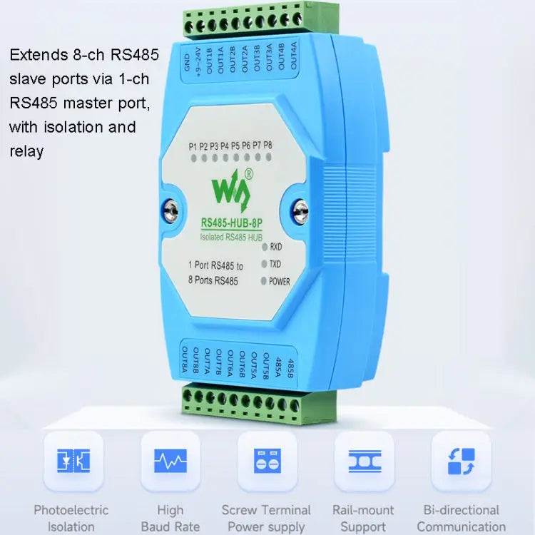 Waveshare RS485-HUB-8P Industrial-grade Isolated 8-ch RS485 Hub Rail-mount Support Wide Baud Rate Range