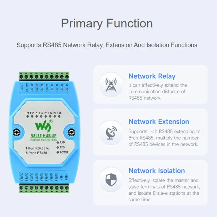 Waveshare RS485-HUB-8P Industrial-grade Isolated 8-ch RS485 Hub Rail-mount Support Wide Baud Rate Range
