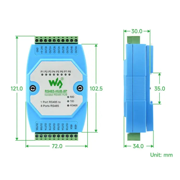 Waveshare RS485-HUB-8P Industrial-grade Isolated 8-ch RS485 Hub Rail-mount Support Wide Baud Rate Range