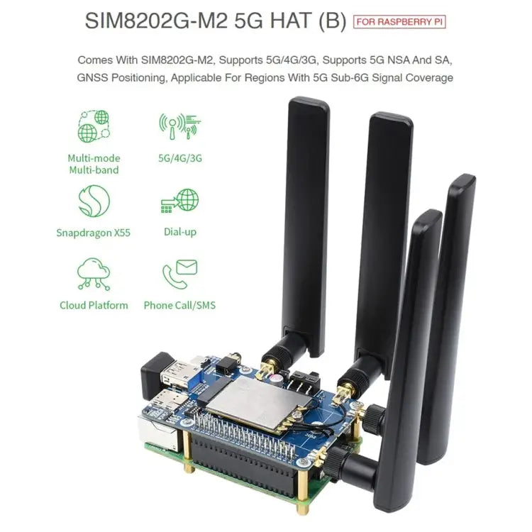 Waveshare SIM8202G-M2 5G HAT B Multi Band Snapdragon X55 Module Board for Raspberry Pi SIM8202G-M2 5G HAT B