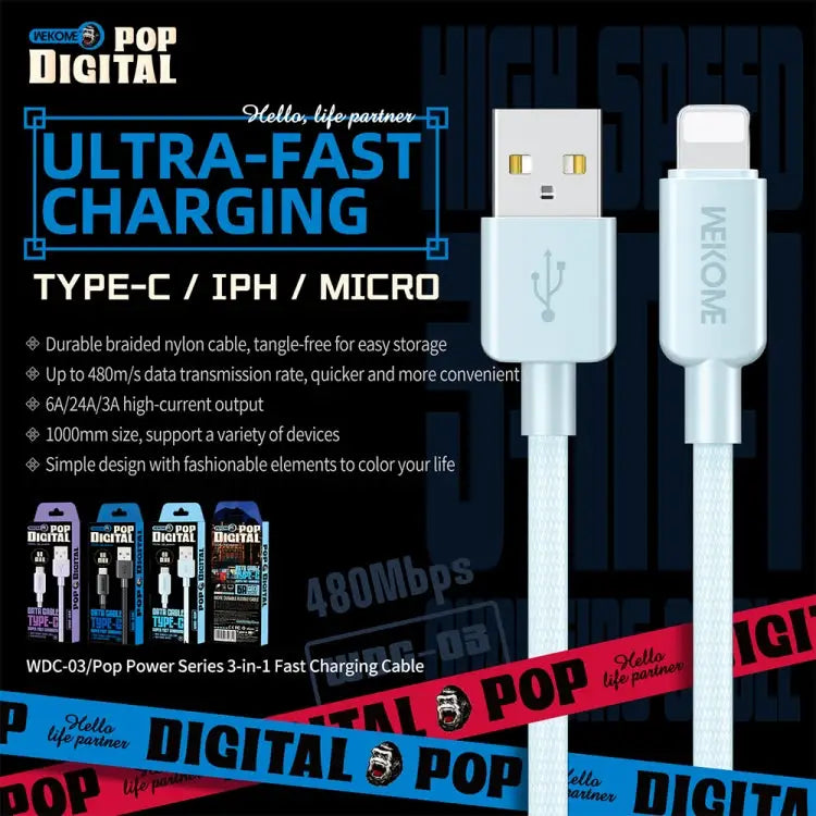 WEKOME WDC-03 Tidal Energy Series 2.4A USB to 8 Pin Braided Data Cable Length: 1m - USB to 8 Pin / Black