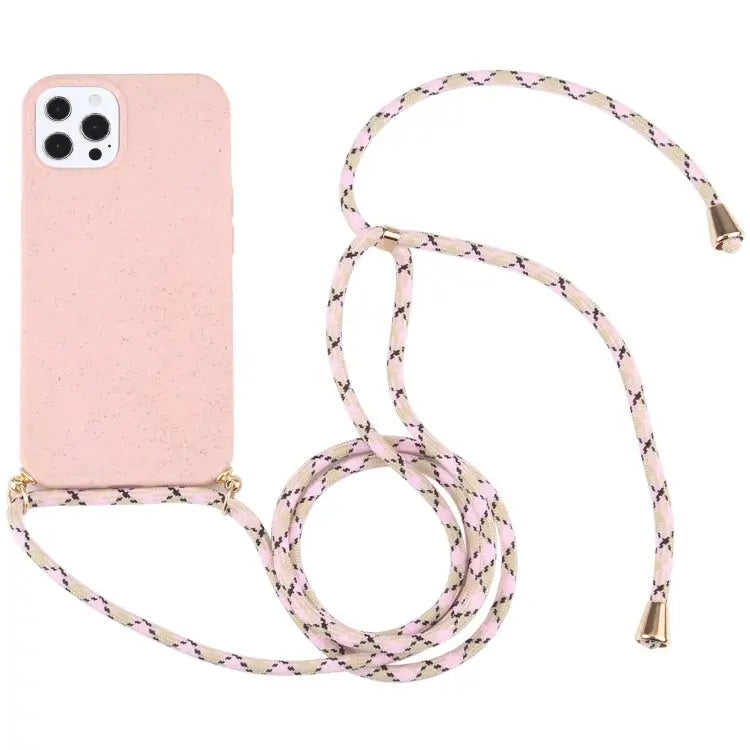 Wheat Straw Material + TPU Shockproof Case with Neck Lanyard For iPhone 13 Pro Max - For iPhone 13 Pro Max / Pink