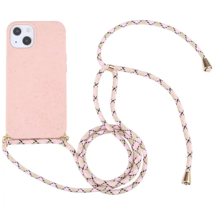 Wheat Straw Material + TPU Shockproof Case with Neck Lanyard For iPhone 13 mini For iPhone 13 For iPhone 13 Pro